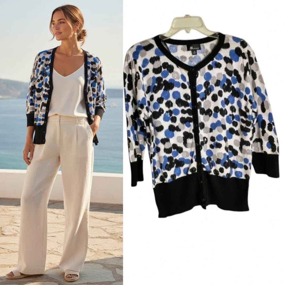 AB Studio Women's XL Cardigan Sweater Multicolor Polka Dot 3/4 Sleeve Cotton